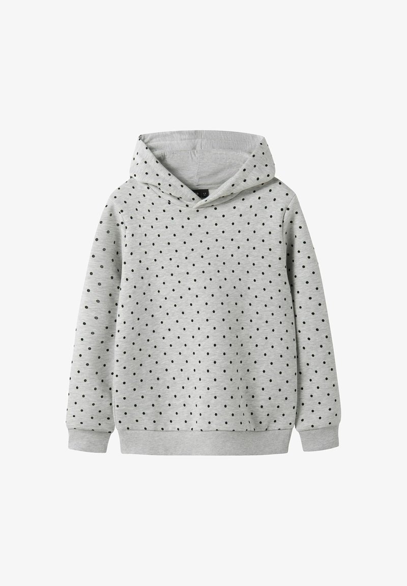Szara bluza z kapturem wykonana z miękkiej tkaniny, ozdobiona czarnym wzorem w kropki, z kapturem na sznurki oraz ściągaczami przy rękawach i u dołu.