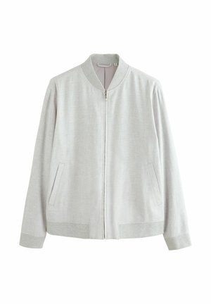 Blouson bomber gris clair zippé avec col, poignets et ourlet côtelés, doté de deux poches latérales fendues et d'un tissu subtilement texturé.