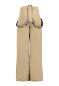 Beige, wijde sneeuwbroek met een gladde textuur. Voorzien van verstelbare banden en een hoge tailleband. Geen zichtbare zakken of ritsen.