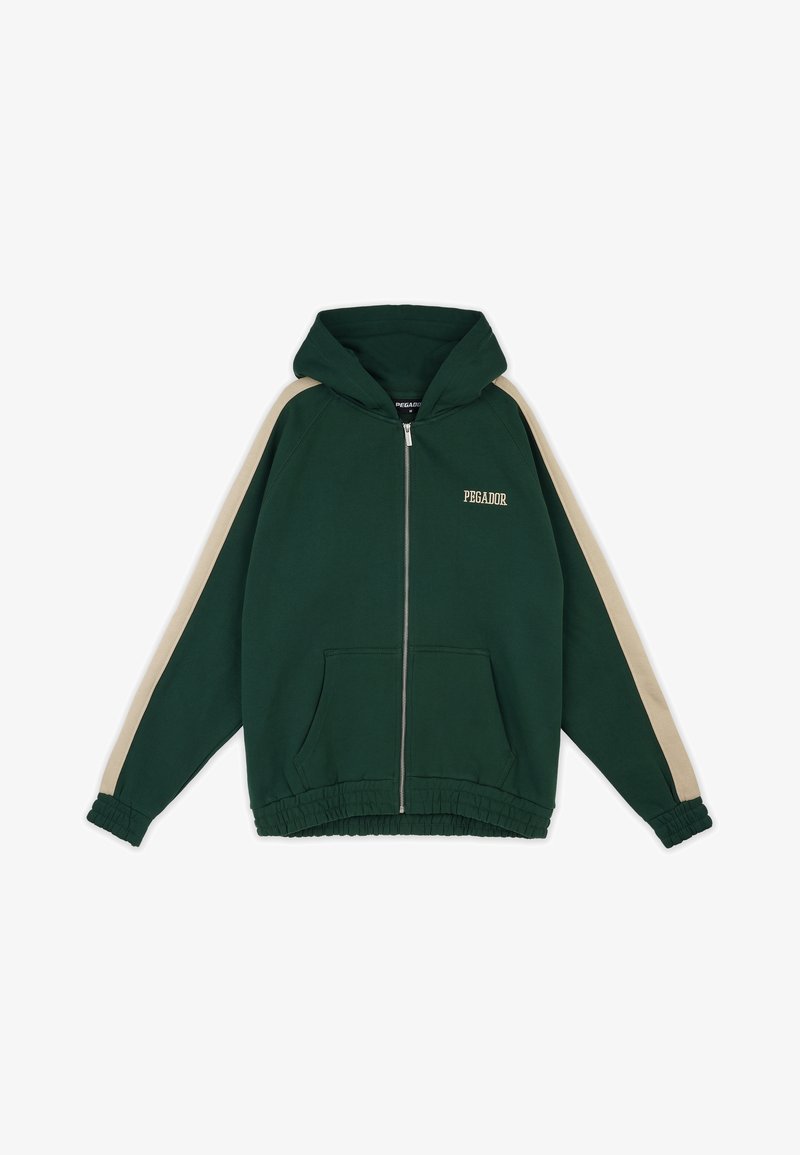Green zip-up hoodie featuring beige side stripes, elastic cuffs, and a kangaroo pocket. "PEGADOR" logo in white on the chest. Soft fabric texture.