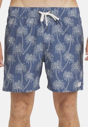 Blauwe zwembroek met een wit palmbomenpatroon. Gemaakt van lichtgewicht materiaal, met een elastische tailleband en trekkoordsluiting.