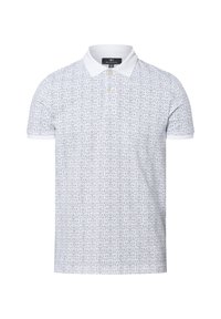 Poloshirt mit kurzen Ärmeln aus Baumwolle, mit einem weißen Grund und einem blauen geometrischen Muster, klassischem Kragen und zweiknöpfiger Leiste.