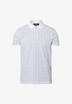 Poloshirt mit kurzen Ärmeln aus Baumwolle, mit einem weißen Grund und einem blauen geometrischen Muster, klassischem Kragen und zweiknöpfiger Leiste.