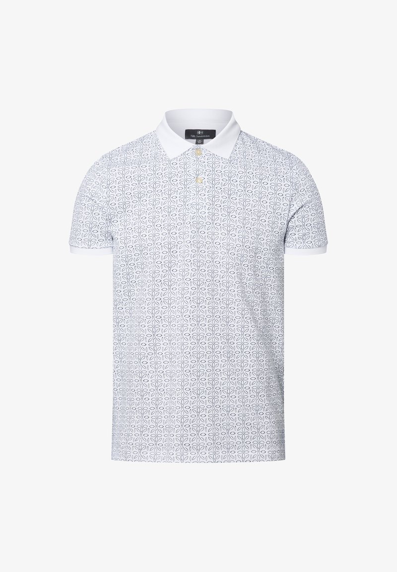 Poloshirt mit kurzen Ärmeln aus Baumwolle, mit einem weißen Grund und einem blauen geometrischen Muster, klassischem Kragen und zweiknöpfiger Leiste.
