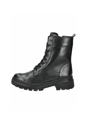 Des bottines en cuir noir présentent un bout rond, un laçage à l'avant, une semelle texturée et une languette au talon pour faciliter l'enfilage.