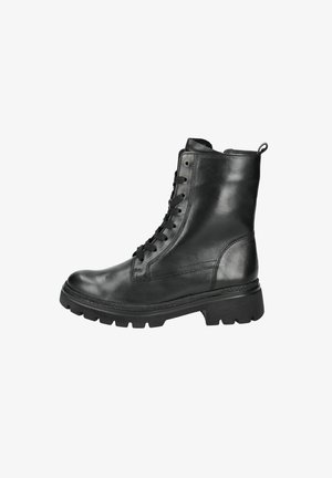 Black leather ankle boots feature a round toe, lace-up front, textured sole, and pull tab at the heel for ease of wear.