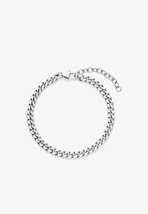 Armband mit silberfarbener Kette, flachen Panzerkettengliedern und verstellbarem Verschluss auf weißem Hintergrund.