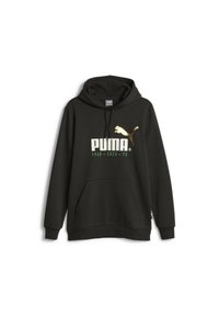 Sudadera negra con bolsillo frontal, que presenta un gran logo blanco de "PUMA", un emblema de gato dorado y el texto verde "1948 - 2023 - 75". Textura suave.