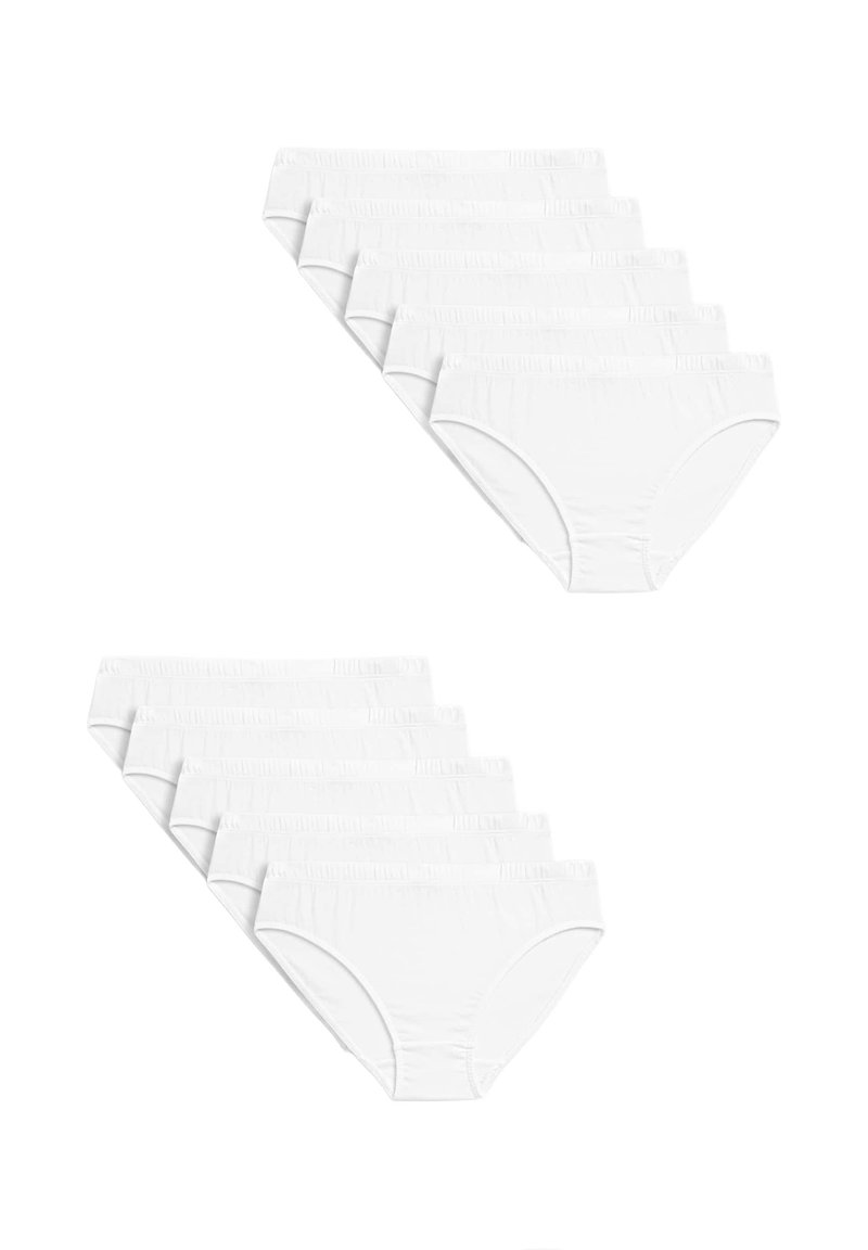 Hvide bomuldsundertøj i sæt af 10, med elastiske taljer, en glat tekstur og et klassisk trusedesign. Ingen yderligere mønstre eller accenter.