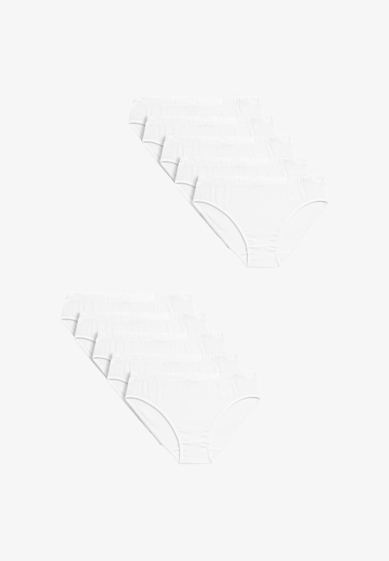 Hvide bomuldsundertøj i sæt af 10, med elastiske taljer, en glat tekstur og et klassisk trusedesign. Ingen yderligere mønstre eller accenter.