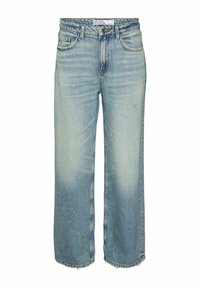 Gai zilo denim platām kājām bikses ar izbalējušu finišu, piecām kabatām, jostas cilpām un neapstrādātu malu. Kokvilnas materiāls, brīvā stilā.