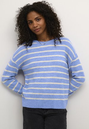 Light blue striped sweater with cream stripes. Soft texture, long sleeves, and a relaxed fit. Paired with dark jeans.