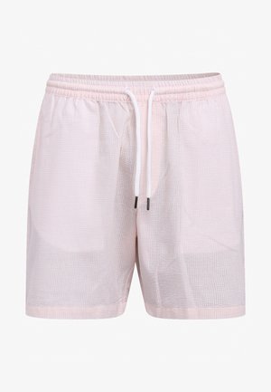 Lys rosa badebukser med en teksturert overflate, elastisk midjebånd og justerbar hvit snor. Har sidelommer og en lengde til midten av låret.