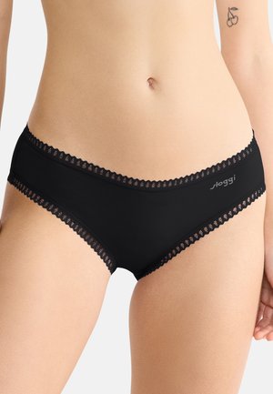 Zwarte katoenen bikini-onderbroek met kantafwerking en een gladde textuur; met een logo op de tailleband.
