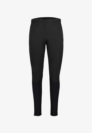 Schwarze Sporthosen mit glatter Textur, tailliertem Design, elastischem Bund und mit Reißverschlüssen versehenen Taschen. Verfügt über kontrastierende matte Einsätze an den Knien.