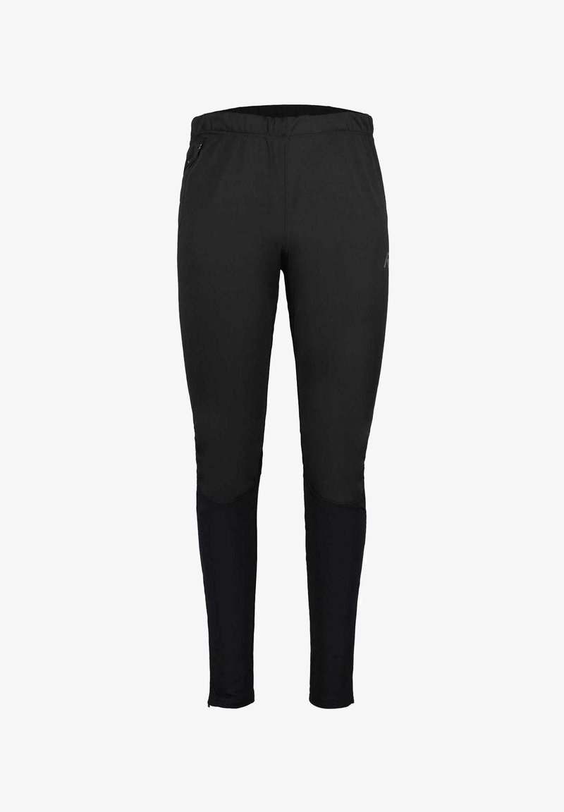 Schwarze Sporthosen mit glatter Textur, tailliertem Design, elastischem Bund und mit Reißverschlüssen versehenen Taschen. Verfügt über kontrastierende matte Einsätze an den Knien.