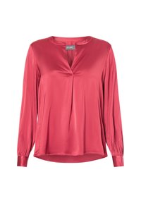 Langärmelige Bluse in tiefem Pink aus seidig glänzendem Material mit V-Ausschnitt und Falten-Detail. Mit Manschettenärmlen und einem etwas lockeren Schnitt.