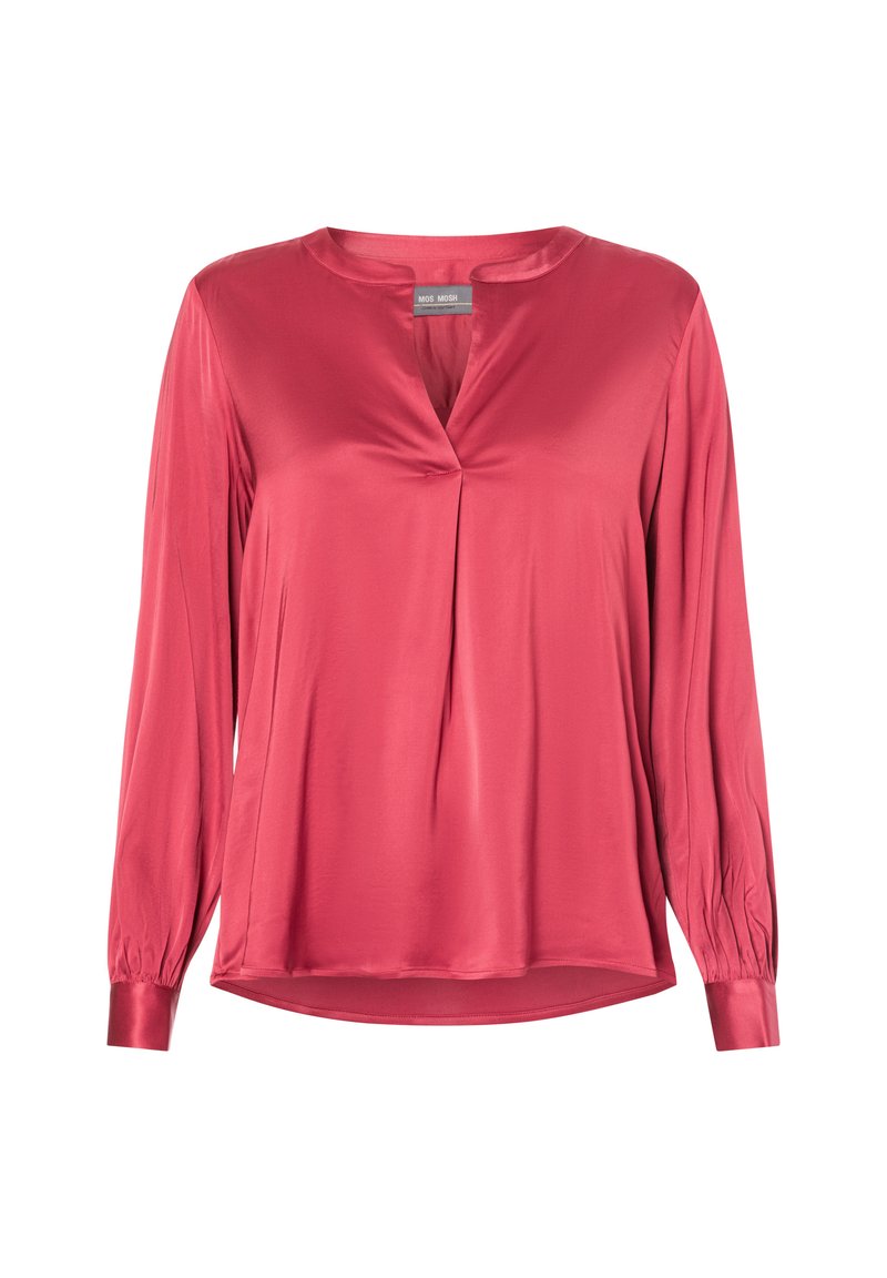 Langärmelige Bluse in tiefem Pink aus seidig glänzendem Material mit V-Ausschnitt und Falten-Detail. Mit Manschettenärmlen und einem etwas lockeren Schnitt.