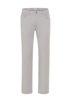 Lichtgrijze rechte broek met knoop- en ritssluiting, voor- en achterzakken, riemlussen en een taille op middenhoogte.