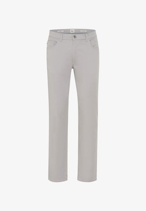 Hellgraue Hose mit geradem Bein, Knopf- und Reißverschluss, Vorder- und Gesäßtaschen, Gürtelschlaufen und mittelhohem Bund.