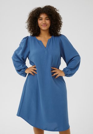 Blue, knee-length dress with a relaxed fit, featuring puffed sleeves, a V-neckline, and a textured fabric. Seamless design with no visible fastenings.