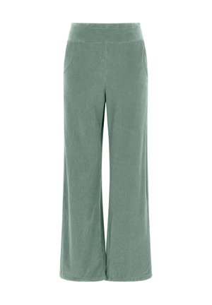Mintgroene wijdlopende broeken van zachte corduroy met een soepele, elastische tailleband. Kenmerken zijn verticale ribbelstructuur en zijzakken.