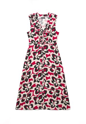 Abito senza maniche con bottoni sul davanti, caratterizzato da un grande motivo floreale rosa, nero e beige e da un colletto a V con volant.