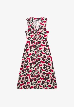 Abito senza maniche con bottoni sul davanti, caratterizzato da un grande motivo floreale rosa, nero e beige e da un colletto a V con volant.