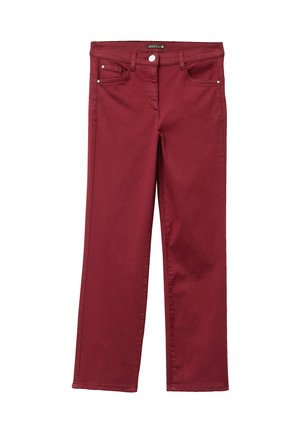 Pantaloni dritti in misto cotone bordeaux con chiusura a bottone, due tasche frontali e cuciture tono su tono. Tessuto liscio, senza motivi o dettagli.