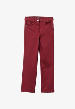 Bordeaux katoenmengsel recht gesneden broek met een knoopsluiting, twee voorzakken en ton sur ton stiksels. Soepele textuur, geen patronen of accenten.