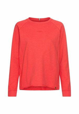 Long-sleeve sweatshirt in vibrant coral, made of textured fabric with a crew neckline, raglan sleeves, and a small logo on the front.