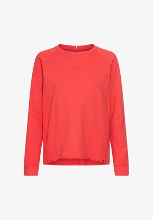 Długi rękaw bluza w intensywnym koralowym kolorze, wykonana z teksturowanej tkaniny, z okrągłym dekoltem, rękawami typu raglan i małym logo z przodu.