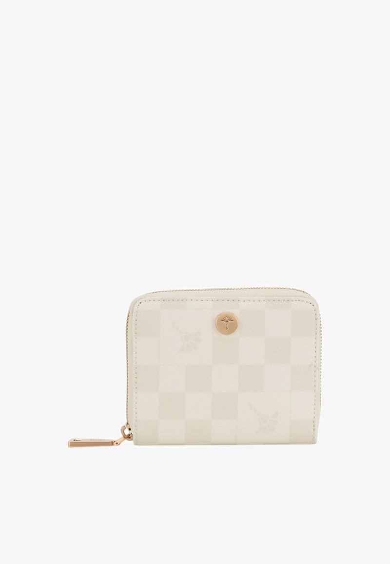 Portafoglio bianco in pelle con motivo a scacchi. Presenta una chiusura a scatto rotonda in oro e una zip dorata. Forma rettangolare compatta.