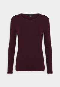 Kvinnors långärmad tröja med rund halsringning i mörk burgundy, slim fit, enkel design, i bomullsblandat tyg.