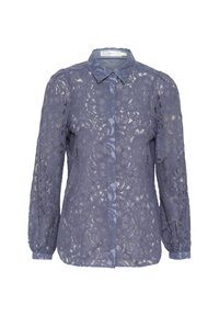 Bluză din dantelă de culoare albastră deschisă, cu guler clasic, mâneci lungi cu manșete elastice și modele florale intricate.