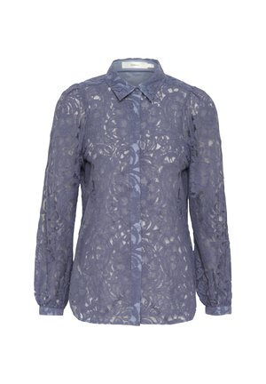 Lace blouse in light blue featuring a classic collar, long sleeves with elastic cuffs, and intricate floral patterns throughout.