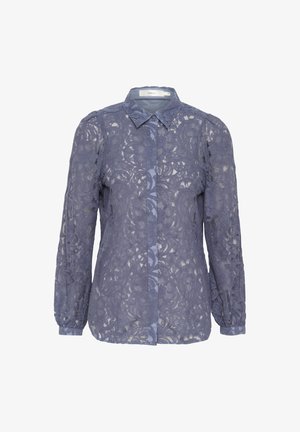 Spitzenbluse in Hellblau mit klassischem Kragen, langen Ärmeln mit elastischen Bündchen und aufwendigen floralen Mustern.