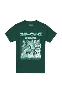 Green short-sleeve T-shirt featuring black and white graphic of Star Wars characters, including Boba Fett, with Japanese text.