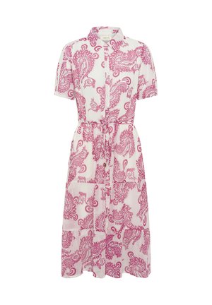 Vestido midi blanco de manga corta con estampado de cachemira rosa, botones delanteros, cuello y cinturón para atar en la cintura.