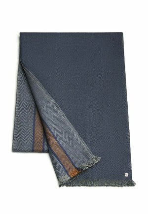 Blue herringbone-patterned blanket with frayed edges. Features a gray stripe with brown and blue accents along one side. Soft texture.