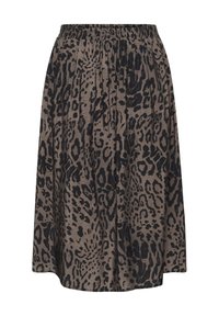 Leopardenmuster-Midi-Rock mit elastischem Bund. Besteht aus einem weichen, strukturierten Stoff in Braun- und Schwarztönen, mit fließender Silhouette.
