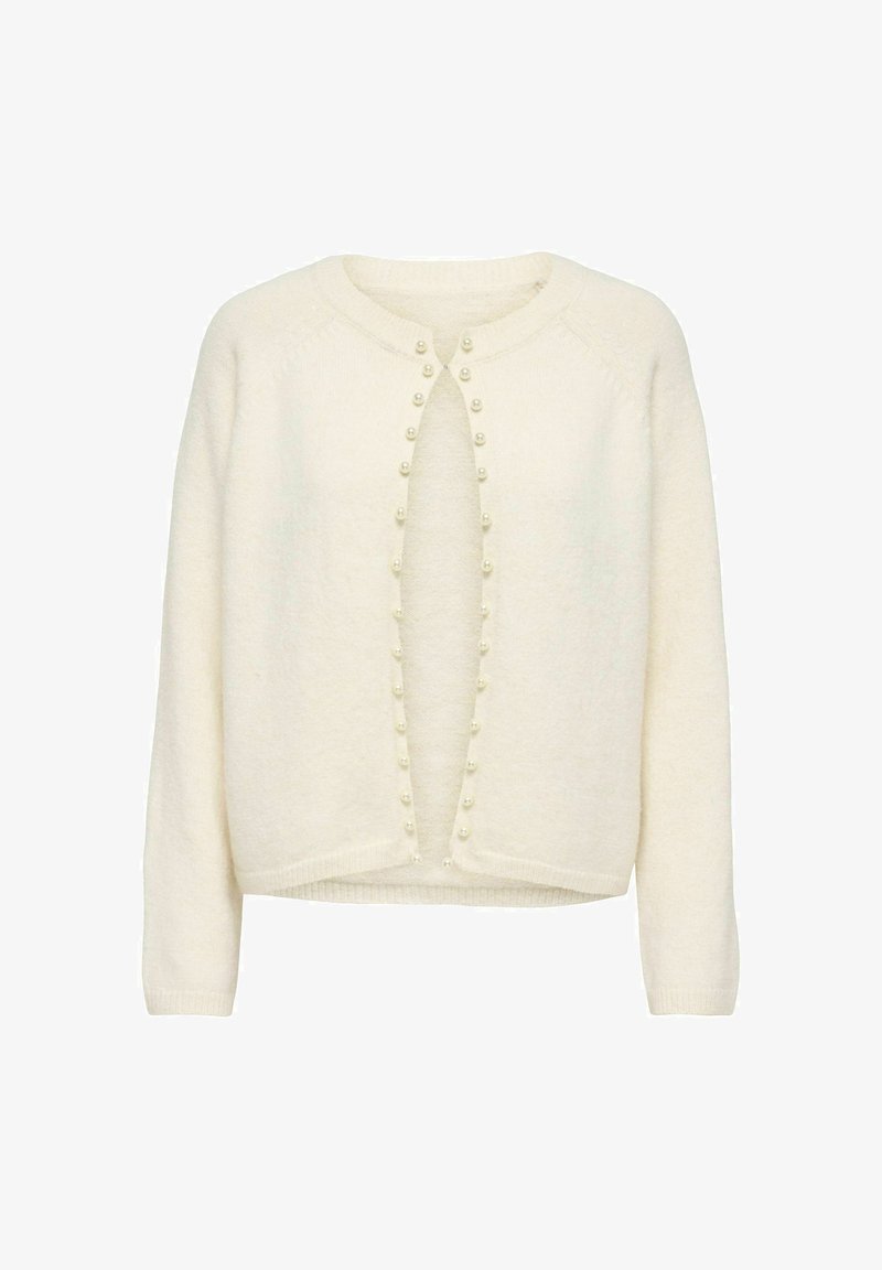 Cardigan à manches longues couleur crème avec encolure ronde et boutons décoratifs en perles le long de l'ouverture devant, tissu tricoté doux.