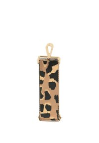 Portachiavi in tessuto con stampa leopardata in beige e nero, dotato di una clip in metallo dorato e di una superficie testurizzata.