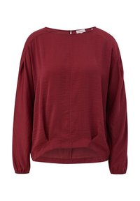 Burgunderfarbene Bluse mit langen Ärmeln, entspannter Passform, strukturiertem Stoff, rundem Halsausschnitt und leicht abgerundetem Saum. Verfügt über eine Schlüsselloch-Rückenöffnung.