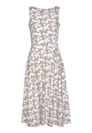 Ärmelloses, beige Midi-Kleid mit weißem Blumenmuster und tailliertem Schnitt, mit rundem Ausschnitt und ausgestelltem Rock.