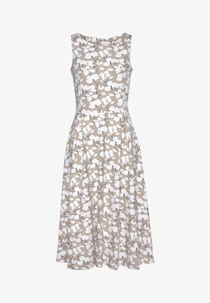 Ärmelloses, beige Midi-Kleid mit weißem Blumenmuster und tailliertem Schnitt, mit rundem Ausschnitt und ausgestelltem Rock.