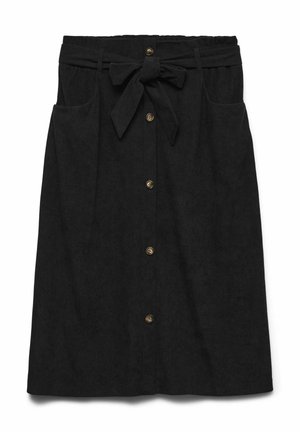 Svart denim midi kjol med framknäppning och midjeband. Har två sidfickor och rak skärning. Slät textur med subtil glans.