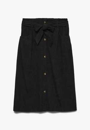 Schwarzer Jeans-Midirock mit vorderen Knöpfen und einem Taillengürtel. Verfügt über zwei seitliche Taschen und einen geraden Schnitt. Glatte Textur mit subtiler Ausstrahlung.