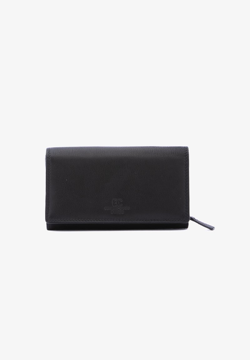 Portafoglio in pelle nera con una texture liscia, forma rettangolare e logo impresso. Presenta una chiusura a zip e dettagli di cucitura discreti.