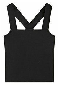Schwarzes Trägershirt mit breiten, über Kreuz verlaufenden Trägern. Der Stoff wirkt glatt und elastisch, mit einer taillierten Silhouette und simplem Design.